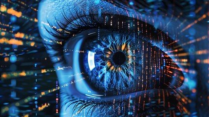 Poster - Close-up of a blue eye with digital data flowing through it, symbolizing the connection between the human and digital world.