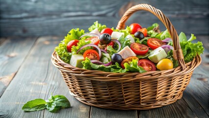 Poster - Fresh food salad in the basket, healthy, organic, farm fresh, colorful, vibrant, vegetarian, delicious, meal, picnic, basket