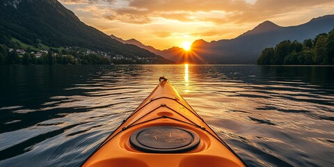 Poster - Front of an orange kayak on a lake at sunset. The kayak is pointed towards the horizon and the sun is setting behind the mountains in the background, golden glow