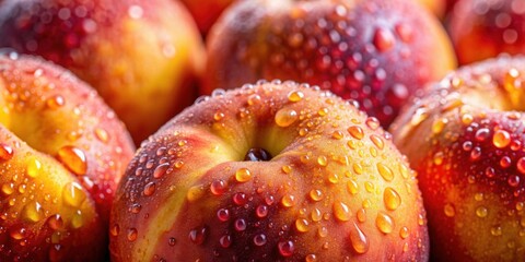 Canvas Print - Close up of ripe peaches with water drops, peaches, ripe, fruit, fresh, juicy, sweet, organic, close up, water drops, healthy