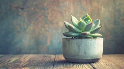 Poster - Vintage filter enhances succulent plant in concrete pot on wooden table for a rustic touch