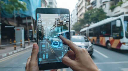 Poster - person uses an augmented reality app on their tablet to navigate a city street. the app overlays dig