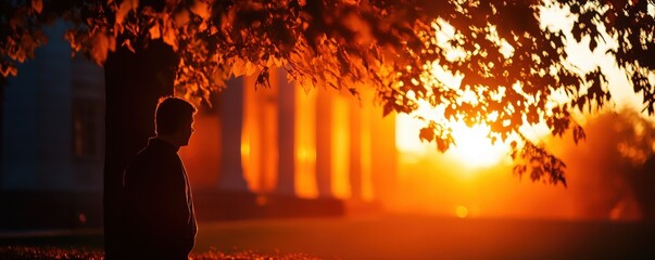 A person stands quietly in silhouette against a stunning sunset, framed by tree leaves, capturing a moment of tranquility and reflection.