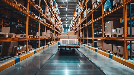 Poster - Robotic cart moves through a modern warehouse, showcasing the automation and efficiency of logistics operations.