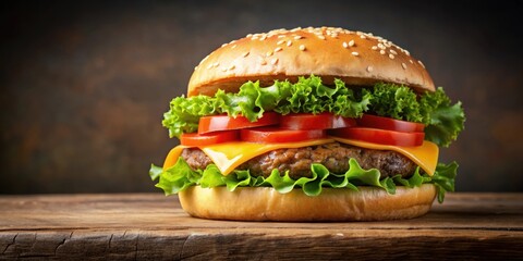 Canvas Print - Close-up of a juicy Big Burger with lettuce, tomatoes, cheese, and beef patty , Fast food, hamburger, meal, delicious, tasty, grill