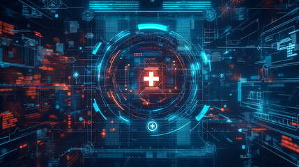 A futuristic health tech logo incorporating symbols of wearables and telemedicine, using sleek lines and a digital color palette