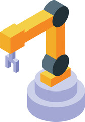 Poster - Yellow industrial robotic arm with a mechanical tool is working on a production line