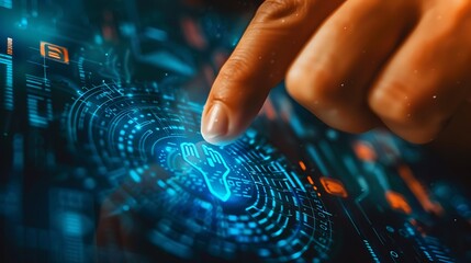 Poster - Close-up of a finger interacting with a digital interface with blue and orange colors and a futuristic feel.