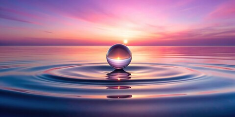 Wall Mural - Water droplet floating on calm ocean surface with pink sky reflection, serenity, peaceful, tranquil, serene, ocean, water