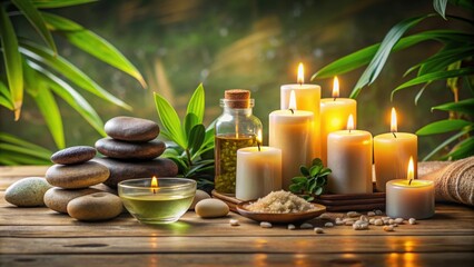 Poster - Tranquil spa still life setup with candles, stones, and aromatic oils, spa, relaxation, wellness, candles