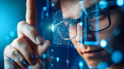 Poster - man wearing glasses interacts with a virtual reality interface, using his hand to manipulate data an