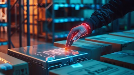 Poster - Hand with a digital interface scans a package in a warehouse setting, demonstrating the potential of technology to revolutionize logistics.