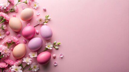 Poster - Pink Easter eggs and spring flowers on a soft pink background, pastel, festive, decoration, vibrant, holiday, celebration