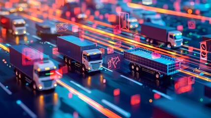 Poster - Digital illustration depicting multiple trucks driving on a highway, with glowing icons and lines showcasing the interconnectedness and digitalization of the modern logistics industry.