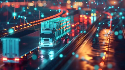 Poster - futuristic semi-truck drives on a highway at night, surrounded by a digital network of glowing lines