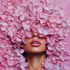 A stunning close-up portrait of a woman with a floral-inspired hairstyle, adorned with pink petals, exuding beauty and elegance.