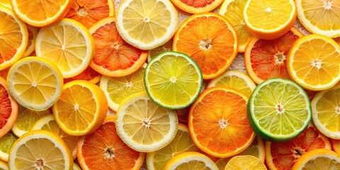 Wall Mural - Top view of sliced oranges and lemons creating a colorful background rich in Vitamin C , citrus fruits, vitamin C, healthy