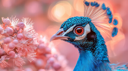 Peacock Portrait: A majestic peacock, with vibrant blue plumage and piercing red eyes, perches amidst delicate pink blossoms, creating a stunning visual of nature's beauty. 