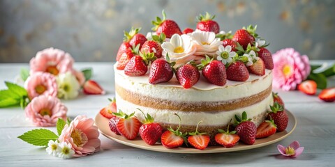 Poster - Beautifully decorated strawberry cake with fresh strawberries and floral accents for a spring celebration , strawberry