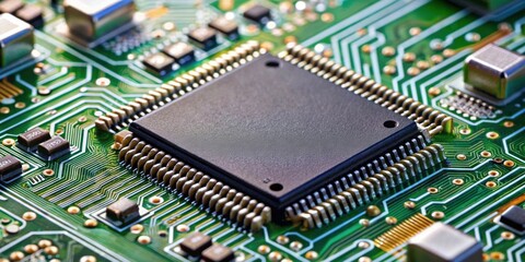 Sticker - Close-up photo of a central electronic component in a circuit board , technology, electronics, microchip, circuit board