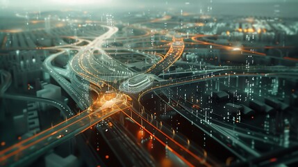 Poster - Digital rendition of a futuristic cityscape showcasing interconnected highways, glowing with data and information flows, symbolizing the concept of a smart and advanced urban environment.