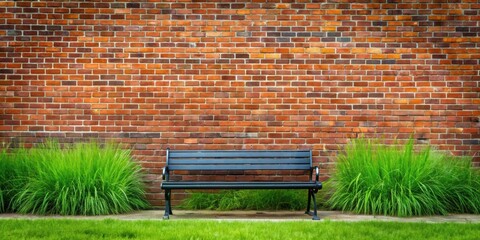 Poster - Black bench by red brick wall on green lawn with long sedges, bench, black, red brick wall, green lawn, sedges, outdoor