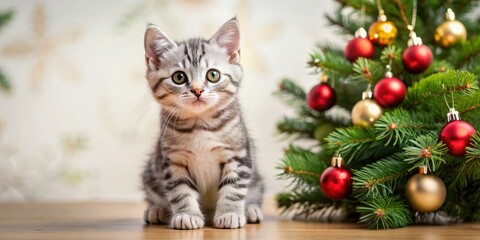 Canvas Print - Adorable American Shorthair Silver Tabby kitten sitting under a Christmas tree , cute, pet, cat