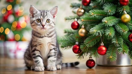 Poster - Adorable American Shorthair Silver Tabby kitten sitting under a Christmas tree, cat, sitting, Christmas tree