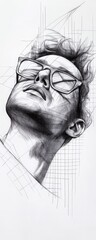 A stylish portrait of a young man with glasses, featuring a unique artistic sketch style and geometric lines in the background.