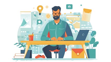 Poster - Man working on his laptop at his desk, surrounded by various icons that represent ideas, digital tools, and the internet. He is focused and productive, representing a modern work environment.