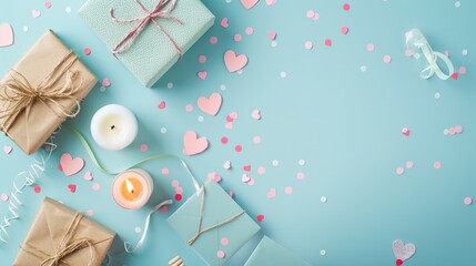 Valentine s Day theme with gifts candle confetti and envelope on a soft blue background Top view arrangement with space for text