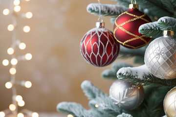 Decorated Christmas tree with ornament on festive background with blurred lights. Xmas celebration concept, copy space