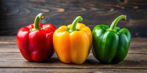 Wall Mural - Close-up of red, green, and yellow sweet bell peppers on a table, vegetables, colorful, vibrant, fresh, produce, healthy