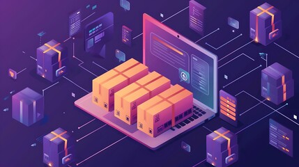 Poster - E-commerce logistics and delivery network with packages, laptop, and a digital interface.