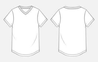 V- neck Short sleeve t shirt technical drawing fashion flat sketch vector illustration template front and back views for ladies