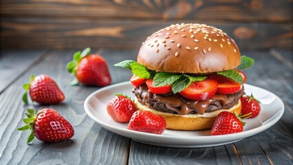 Wall Mural - Delicious chocolate hamburger with strawberries on a white plate, food, dessert, gourmet, indulgent, sweet, unique, creative