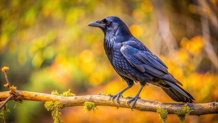 Sticker - A crow perched on a tree branch , bird, black, feathers, wildlife, animal, nature, perched, branch, tree, outdoors, sky, wings