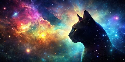 Wall Mural - cat's profile silhouette filled with stars and cosmic colors emerging from a starry nebula backgroun