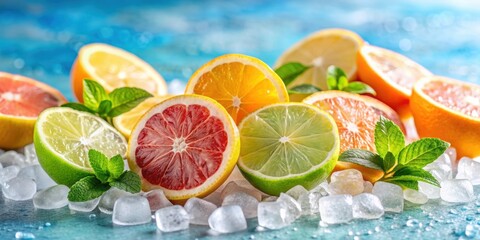 Wall Mural - Fresh citrus fruits slices on natural ice, perfect for a refreshing and healthy summer drink , oranges, lemons, ice, vitamin C