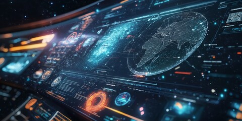 Detailed view of space-themed tech design elements, showcasing interactive holograms, real-time data panels, and advanced celestial tracking