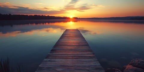 Wall Mural - A tranquil scene showing a warm sunset over a serene lake with a wooden jetty leading into the calm waters