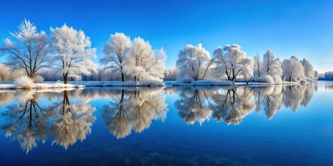 Wall Mural - Beautiful shot of water reflecting snowy trees under blue sky, ideal as a stunning background , winter, landscape, nature