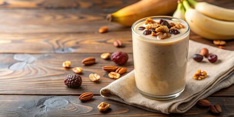 Canvas Print - Creamy sweet banana smoothie topped with raisins and nuts for a delicious and nutritious breakfast, healthy, breakfast, banana