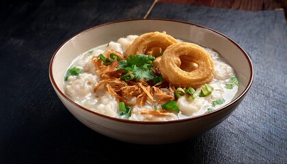 Wall Mural - Delicious Asian Rice Porridge with Crispy Fried Dough and Toppings