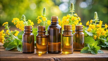 Sticker - Bottles of aromatherapy essential oil with fresh blooming agrimony plant , aromatherapy, essential oil, bottles