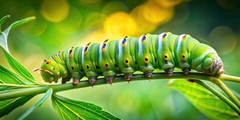 Canvas Print - Giant green caterpillar devouring leaves before metamorphosis , caterpillar, green, leaves, nature, insect, transformation