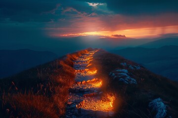 Glowing path to the top of the mountain with light trails, business success strategy