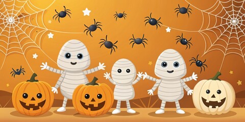 Poster - Cute Halloween featuring a mummy, ghosts, and spiders, Halloween, cute,mummy, ghosts, spiders, spooky, fun