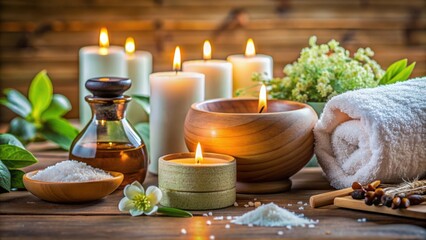 Sticker - Aromatherapy spa set up with essential oil diffuser, Epsom salt, towels, candles, and aroma oil, Aromatherapy