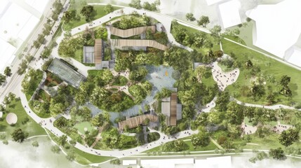 Aerial View of Park Design with Greenery and Paths